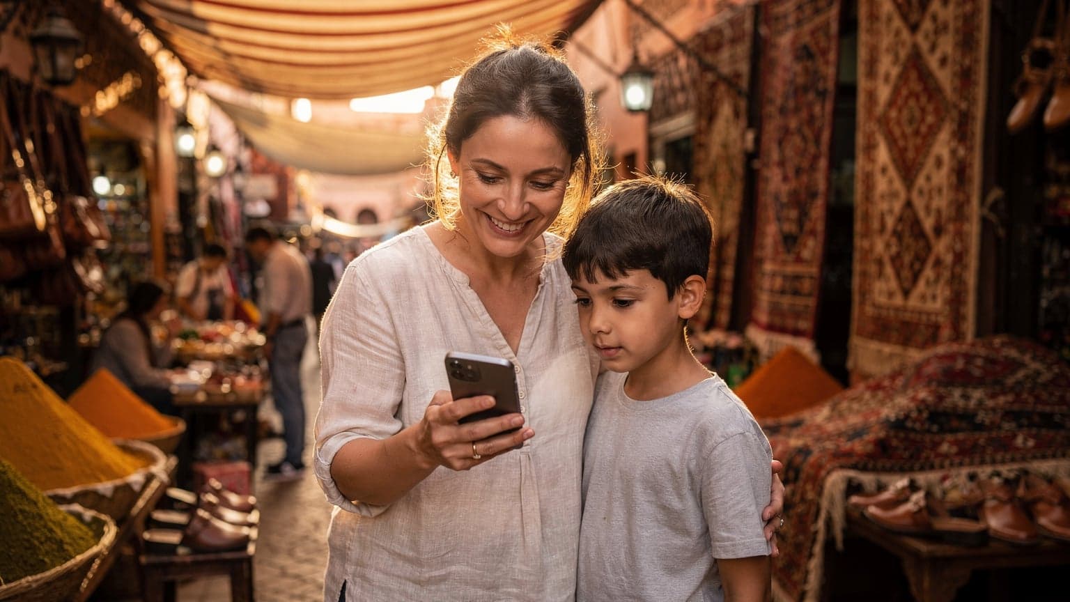 Une mère souriante et son fils de 8 ans regardent un téléphone dans le souk coloré de Marrakech, avec des épices et des tapis en arrière-plan, sous un soleil doux de fin d'après-midi.