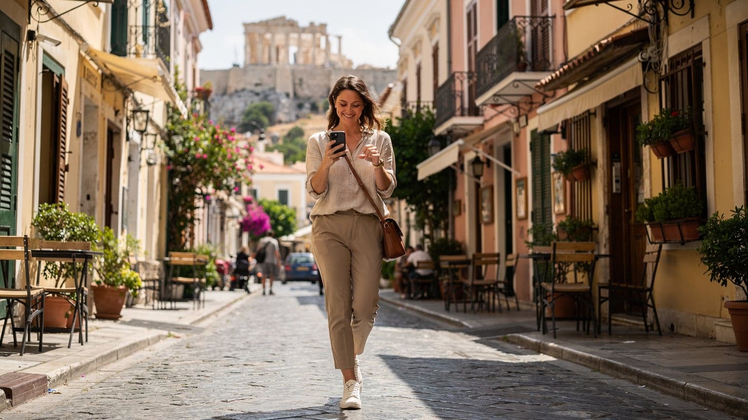 A woman confidently holds her smartphone, displaying a data signal, as she navigates the bustling Plaka district of Athens, with the ancient Acropolis visible in the background.