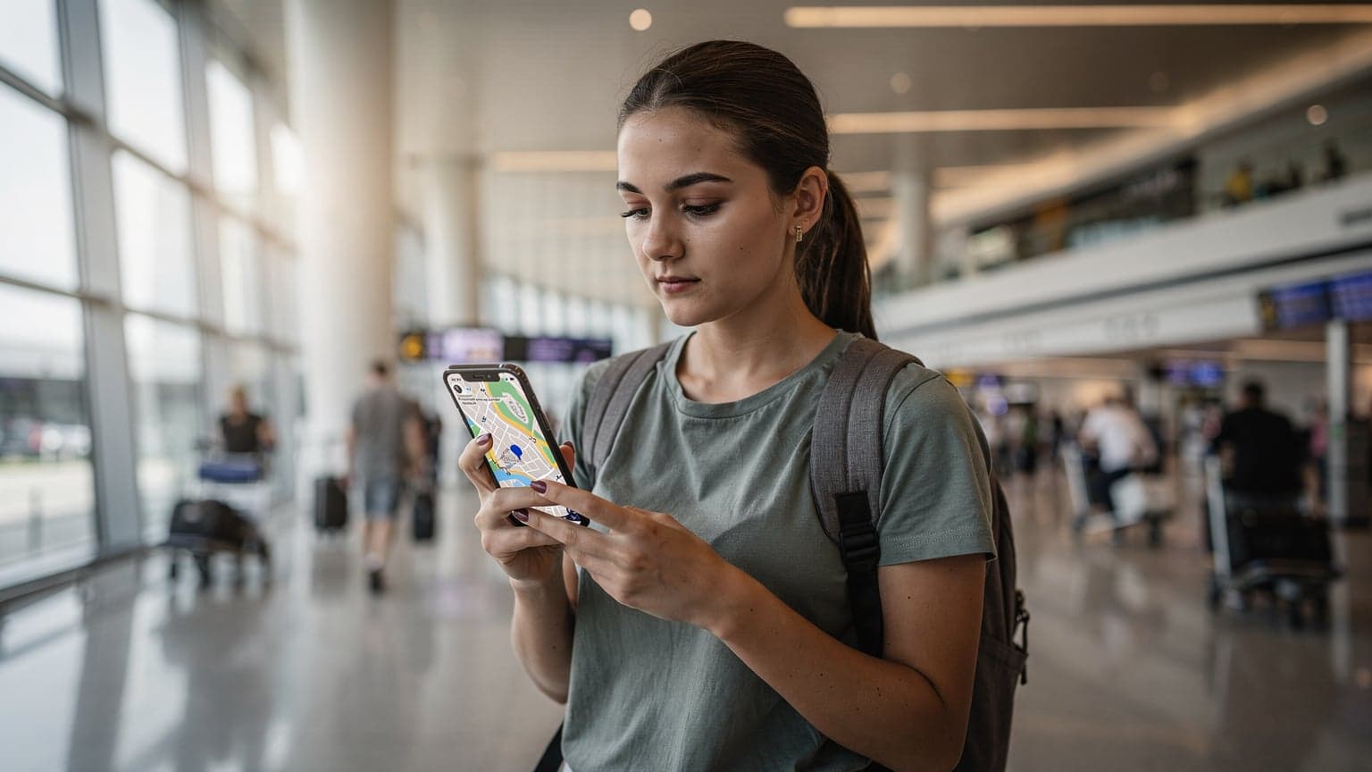 A traveler in a bustling airport terminal, looking at their phone screen with a map application open, clearly showing their current location and nearby gates, with soft overhead lighting.