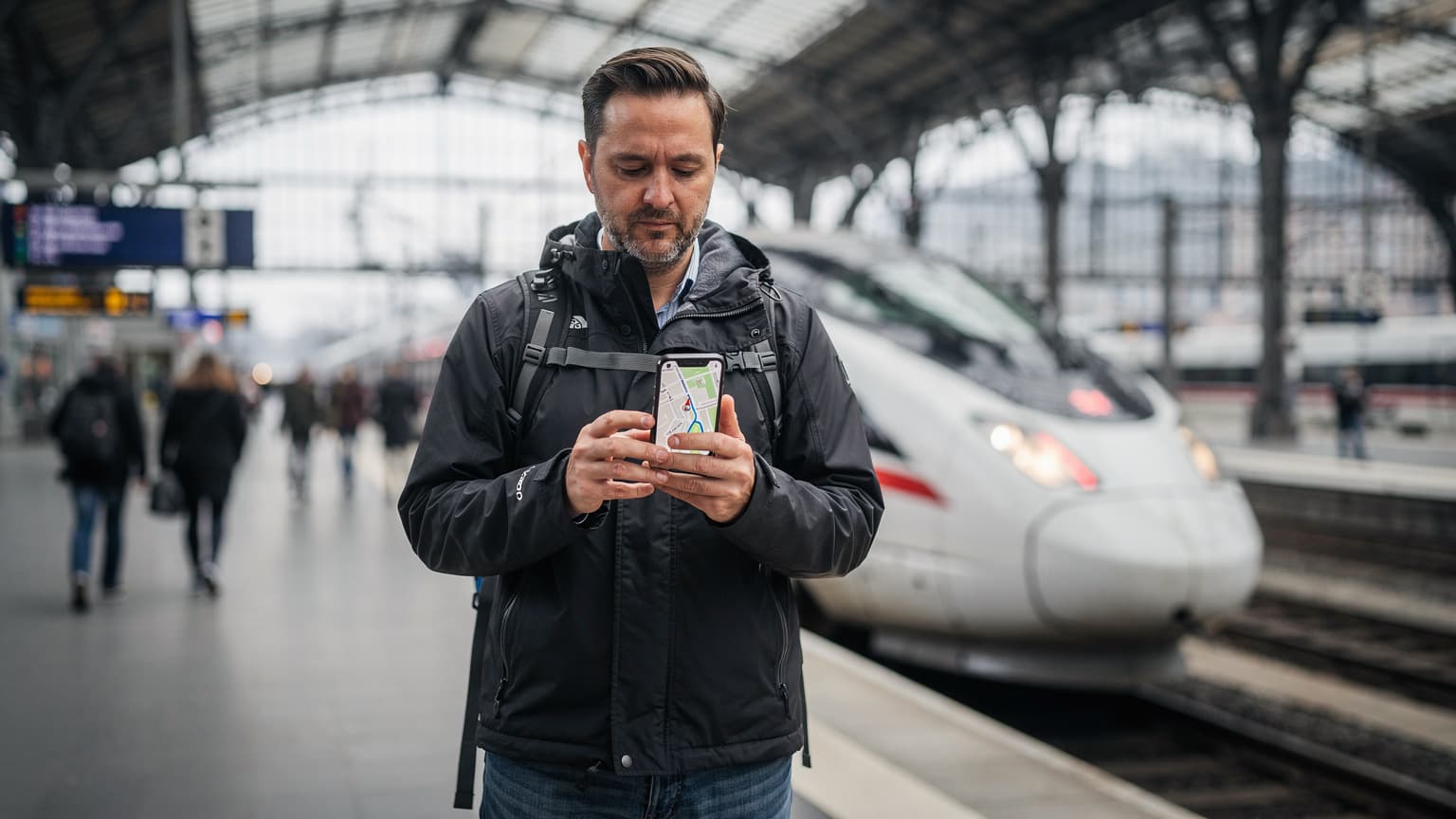 Ein Reisender hält sein Smartphone mit einer geöffneten Karten-App in der Hand, während er auf einem Bahnsteig in München steht, im Hintergrund ein einfahrender Zug.