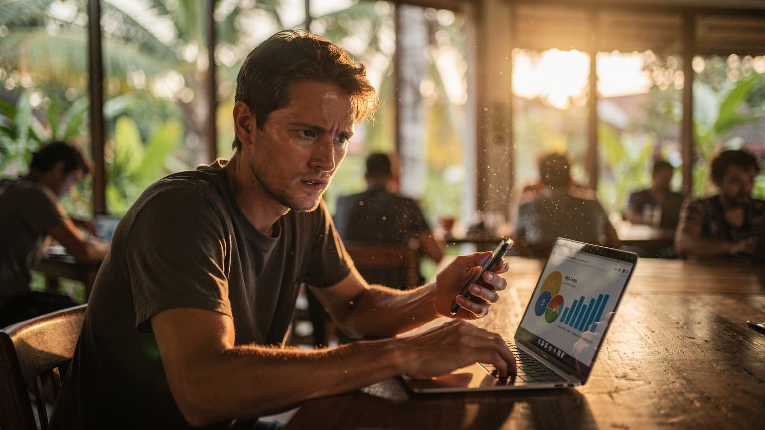 A digital nomad in a co-working cafe in Canggu, Bali, looking at their phone with a speed test app open, displaying slow results, natural light streaming through large windows.