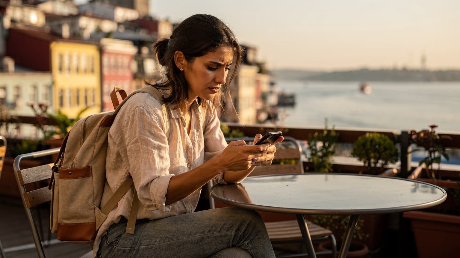İstanbul'da tarihi bir binanın çatısında, elinde akıllı telefonuyla bir hız testi uygulamasını kontrol eden genç bir kadın.