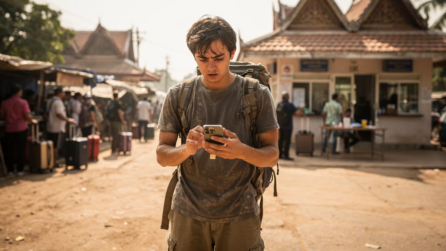 A budget traveler at a bustling border crossing in Southeast Asia, holding their phone with a physical SIM card tray open, looking intently at the phone screen.