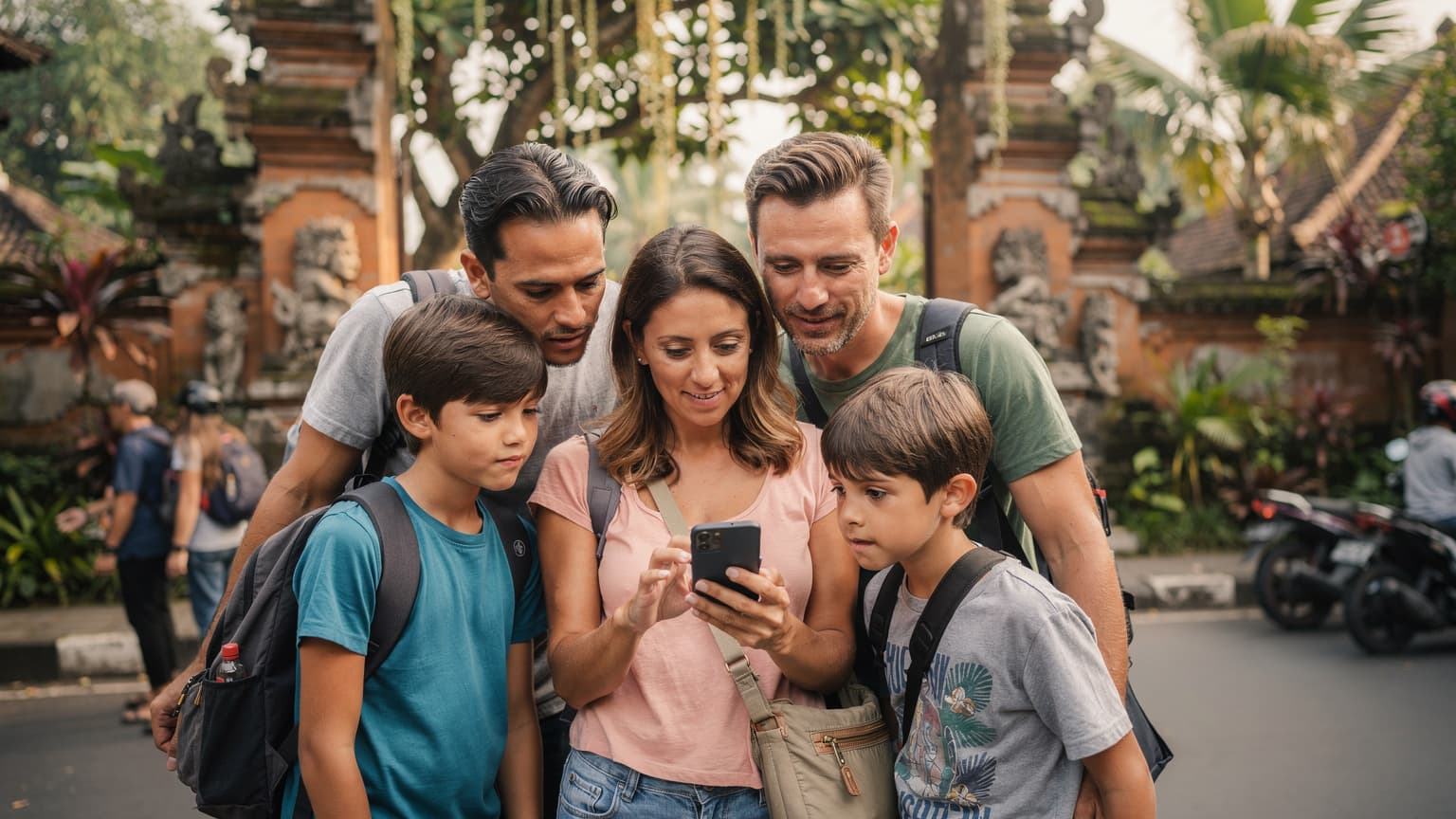 A family, parents and two children aged 8 and 10, looking at a smartphone with a map on a bustling street in Ubud, Bali, with traditional Indonesian architecture in the background.