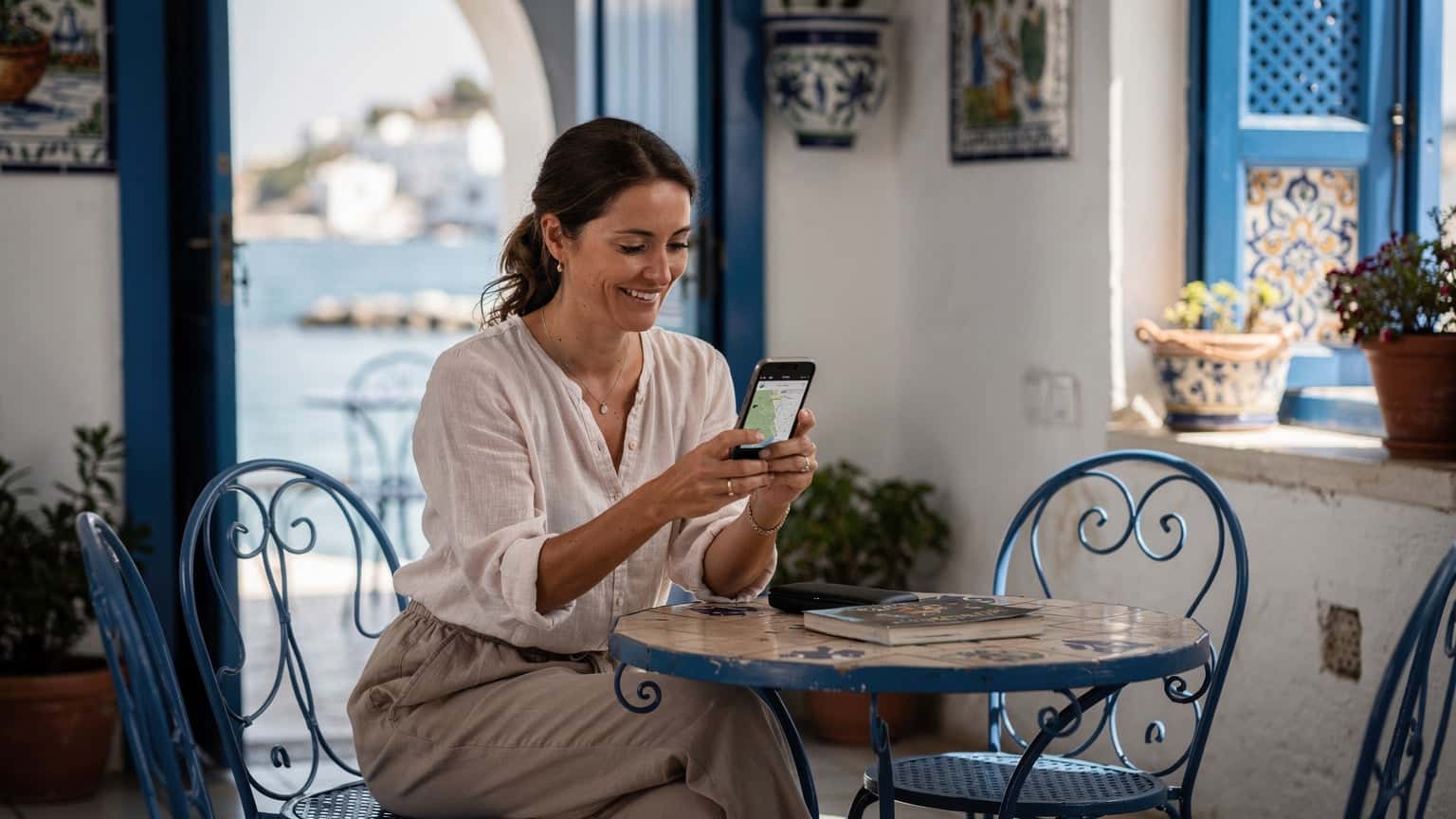 Une femme souriante tient son smartphone et consulte un plan numérique, assise à une table d'un café traditionnel à Sidi Bou Saïd, Tunisie, avec la mer Méditerranée en arrière-plan.
