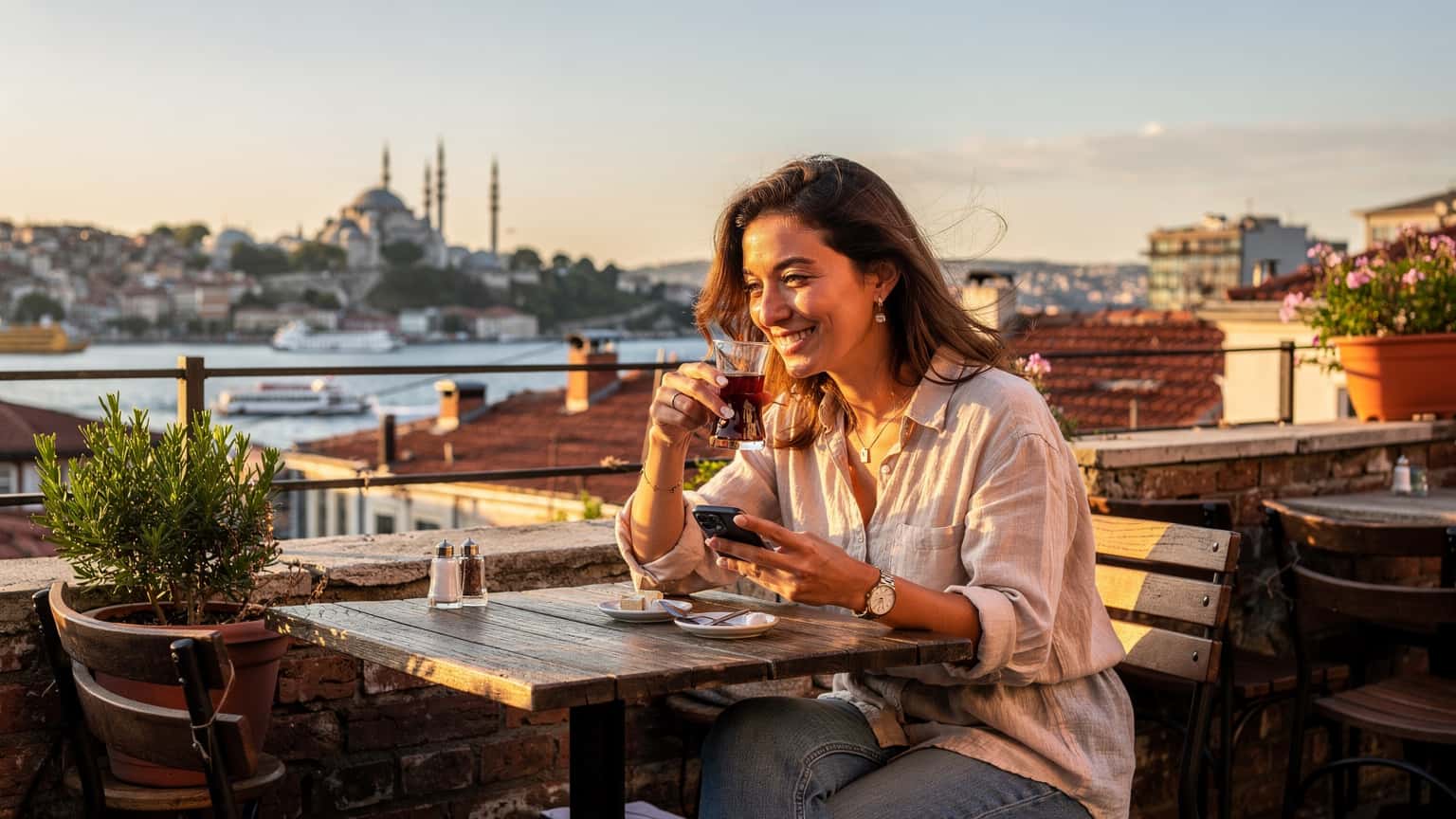 A woman sips çay on a rooftop terrace in Istanbul's Karaköy district, overlooking the Bosphorus, while checking her phone.