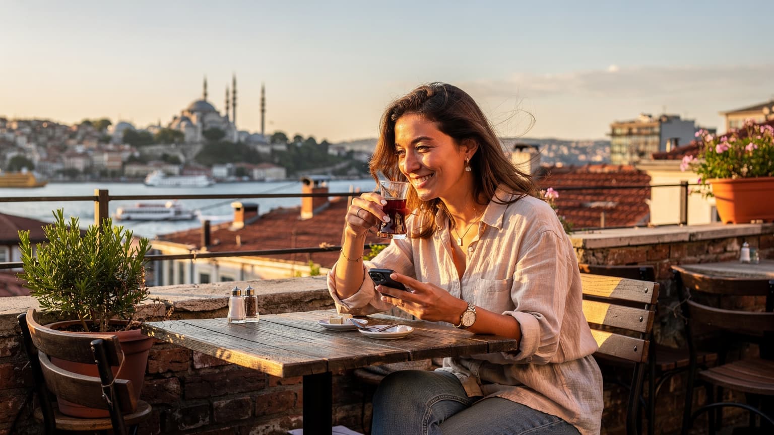 A woman sips çay on a rooftop terrace in Istanbul's Karaköy district, overlooking the Bosphorus, while checking her phone.