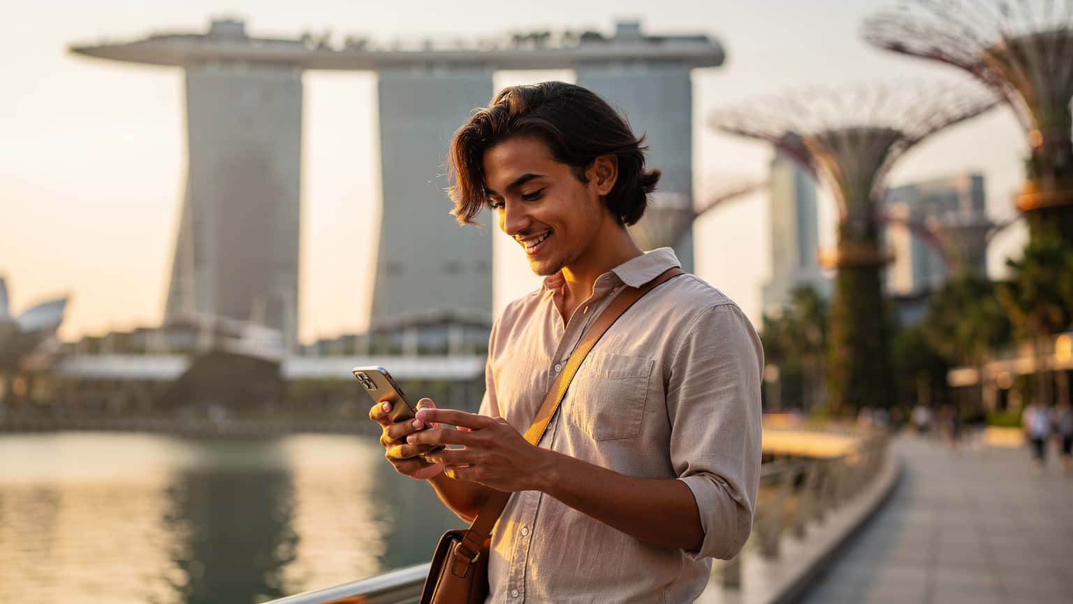 A photorealistic image of a tourist holding a smartphone in Singapore, with Marina Bay Sands in the background. The person looks relaxed, suggesting easy mobile connectivity while traveling.