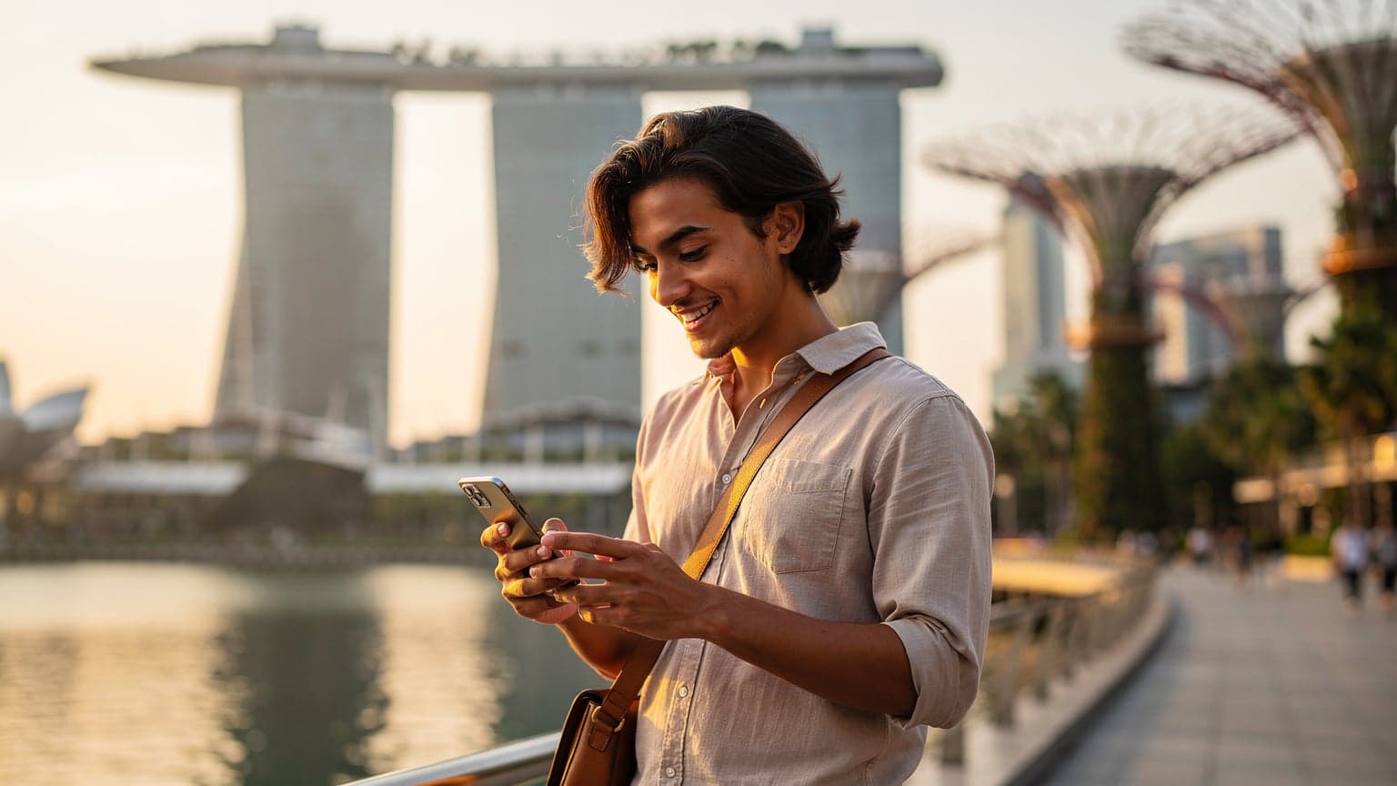 A photorealistic image of a tourist holding a smartphone in Singapore, with Marina Bay Sands in the background. The person looks relaxed, suggesting easy mobile connectivity while traveling.