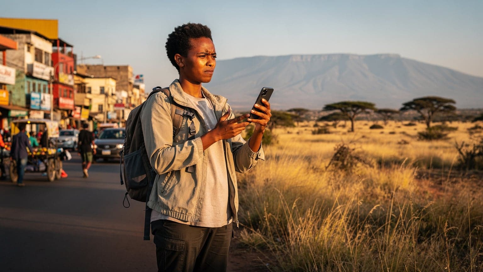 A photorealistic image of a person holding a smartphone with a slightly perplexed expression, standing in a diverse African landscape that transitions from a modern African city scene to a vast savanna, illustrating the challenges of continent-wide mobile connectivity.