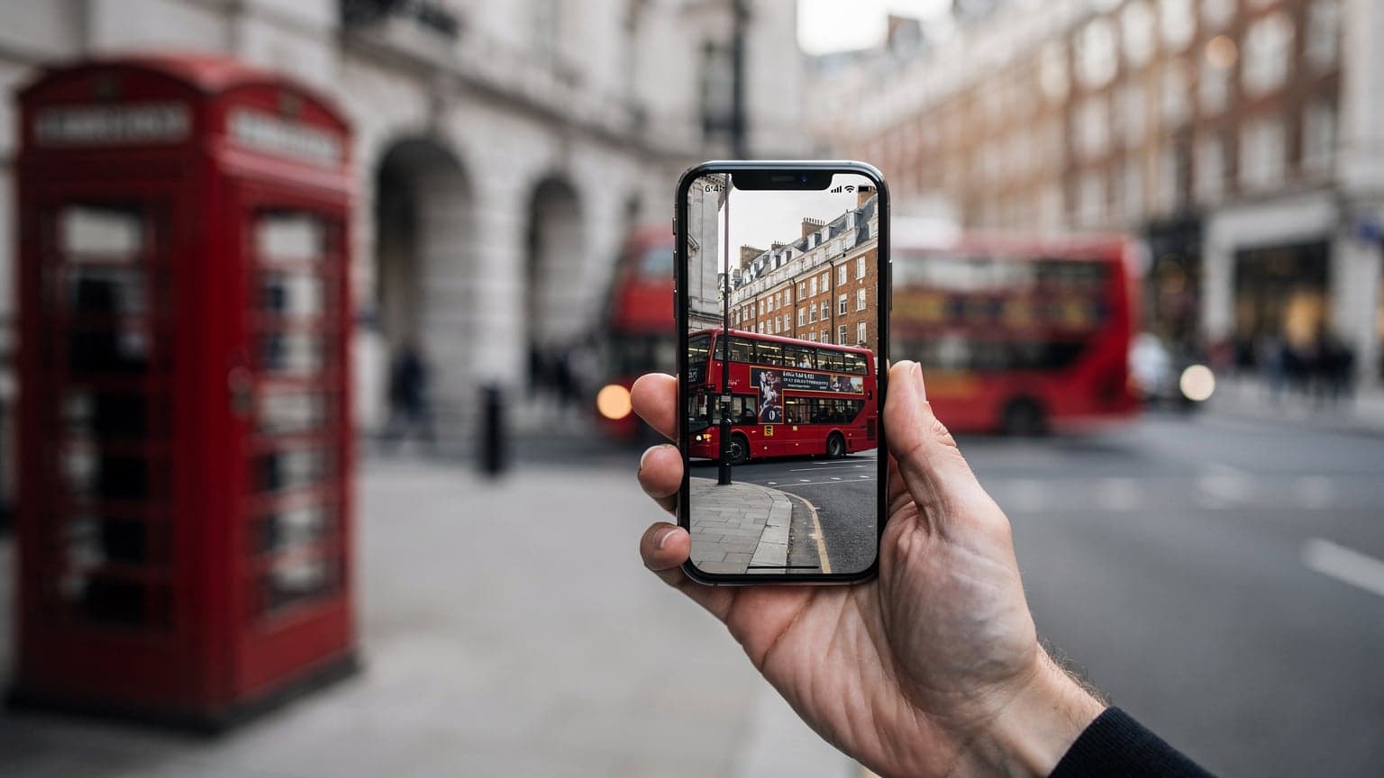 A hand holding a smartphone with full signal bars, set against a blurred background of a London street with a red phone booth and a double-decker bus.