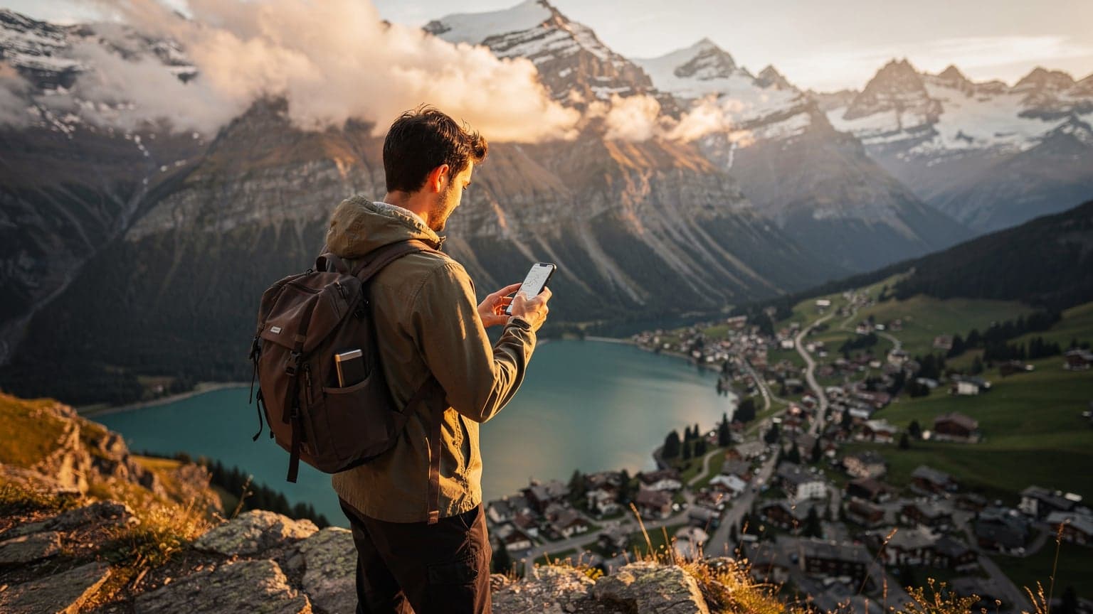 A traveler holds a smartphone against a stunning Swiss Alps backdrop during golden hour, illustrating seamless connectivity in nature.