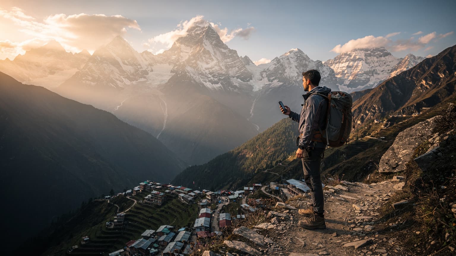 A lone trekker on a high mountain trail in the Himalayas above Namche Bazaar, Nepal, holding a smartphone while gazing at the vast, sun-drenched mountain landscape during golden hour, symbolizing remote travel and modern connectivity.