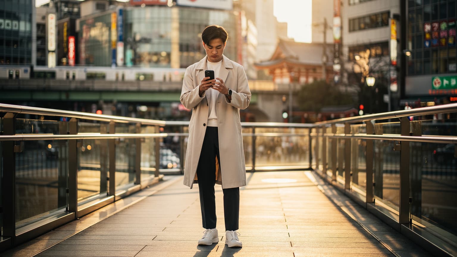 A lone traveler thoughtfully looking at a smartphone on a pedestrian bridge overlooking a bustling Tokyo street during golden hour, capturing a modern travel and tech vibe.