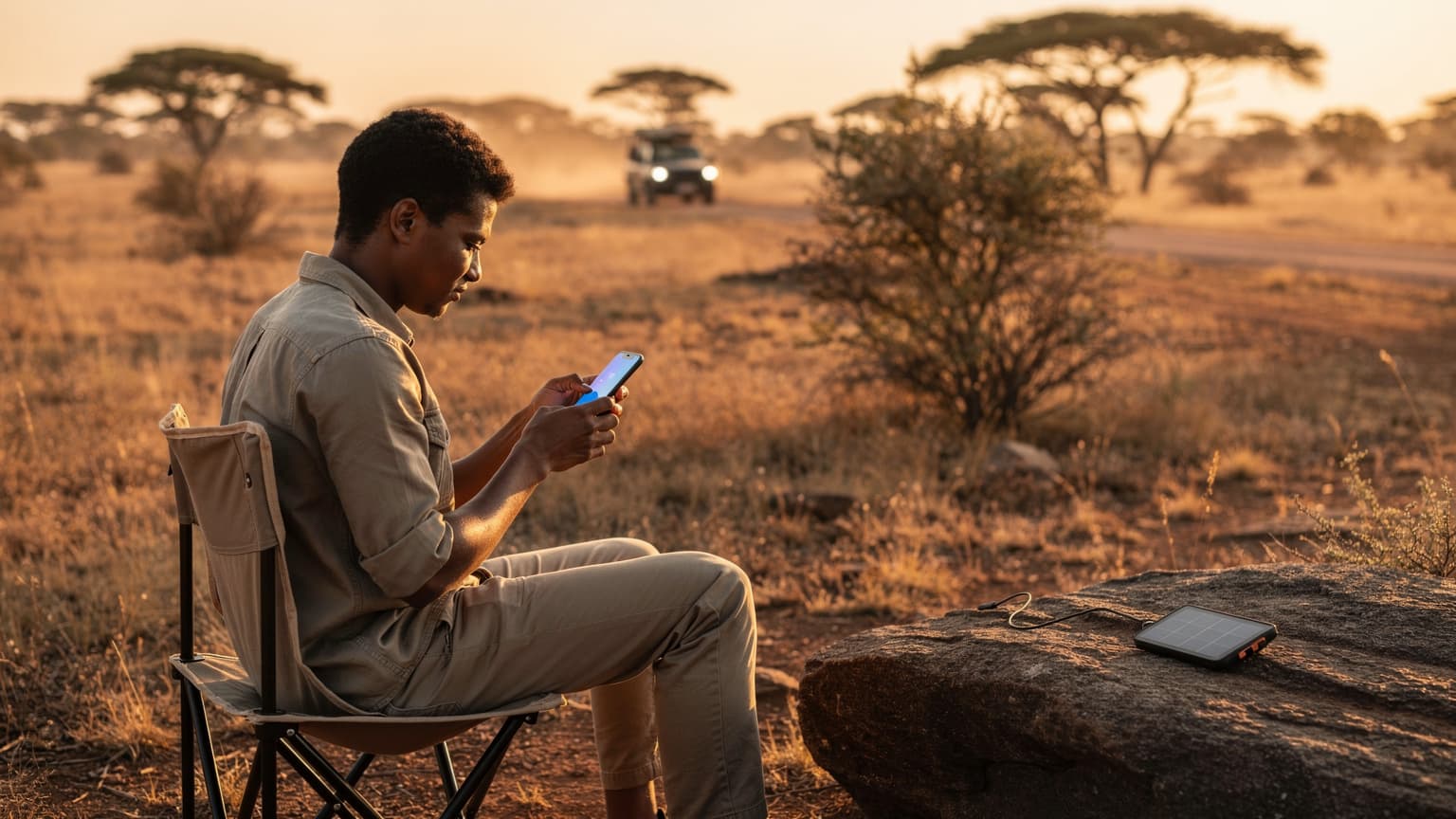 A person interacts with a smartphone in a scenic, golden-hour South African safari landscape, combining travel technology with the wild.