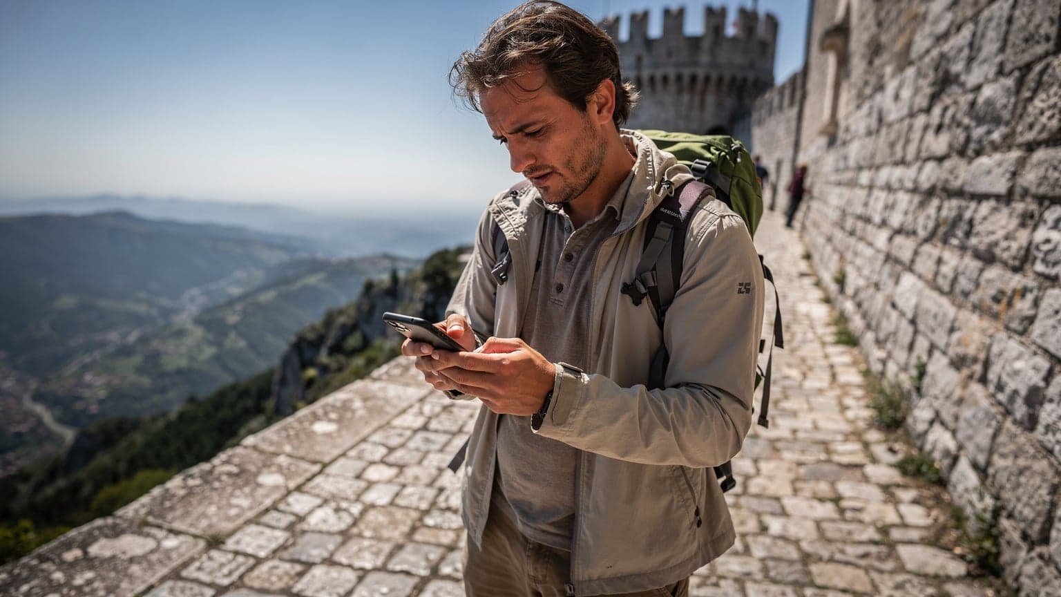 Una persona sta guardando il telefono con una mappa sullo sfondo della Cesta, una delle torri di San Marino, sotto un cielo azzurro.