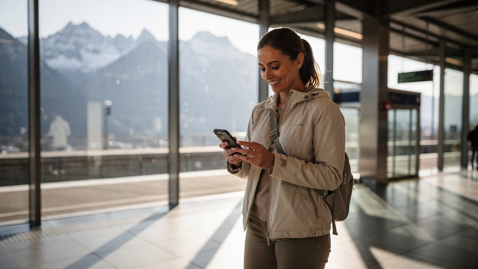 O femeie zâmbitoare, cu un telefon în mână, verificând harta într-o stație de tren modernă din Zurich, Elveția, cu Alpii în fundal.