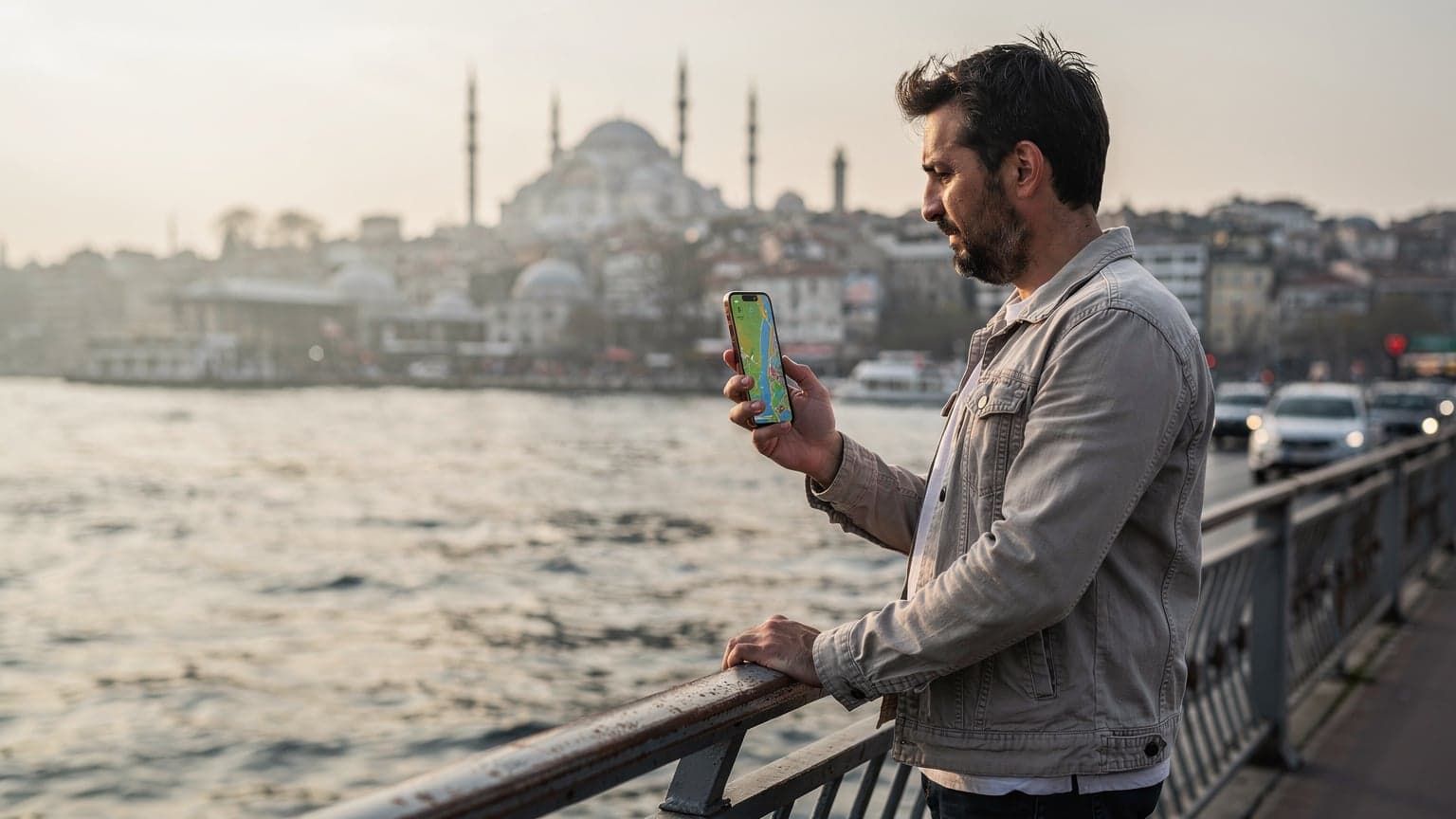 A tourist holds a smartphone displaying a map application while standing on the Galata Bridge in Istanbul, with the Bosphorus and historic skyline in the background, under soft morning light.