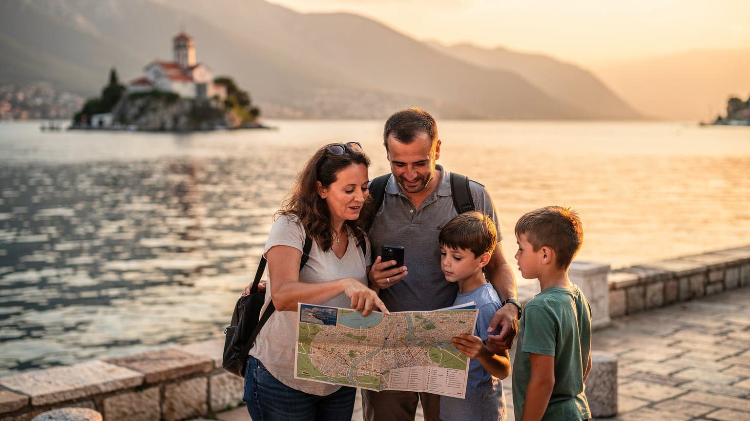 Eine Familie mit zwei Kindern betrachtet eine Karte vor der Kulisse des Ohridsees in Nordmazedonien bei Sonnenuntergang, ein Smartphone mit eSIM-Funktion ist sichtbar.