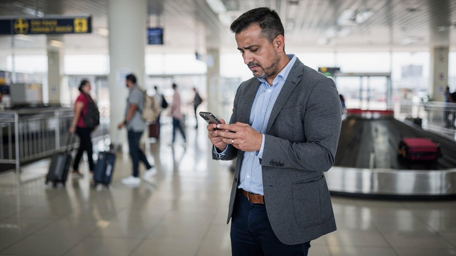 Un viajero revisa su teléfono mientras espera en la zona de llegadas del Aeropuerto Internacional Silvio Pettirossi de Asunción, con maletas y otros pasajeros de fondo.