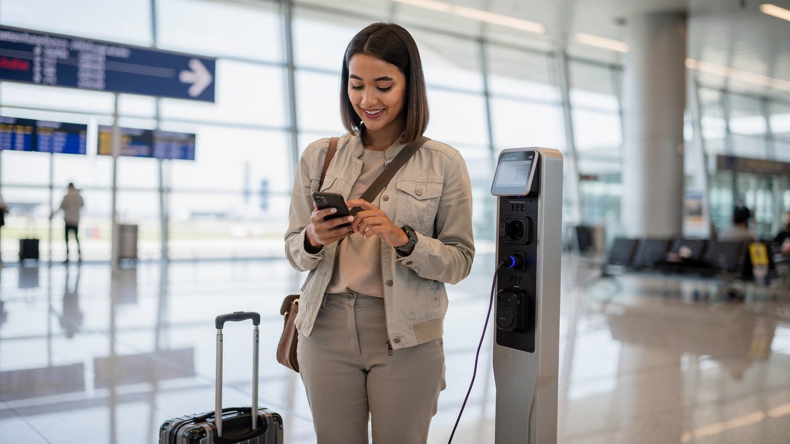 A traveler in a bustling airport terminal, looking relieved as they successfully receive an OTP on their smartphone, with their passport and boarding pass nearby.