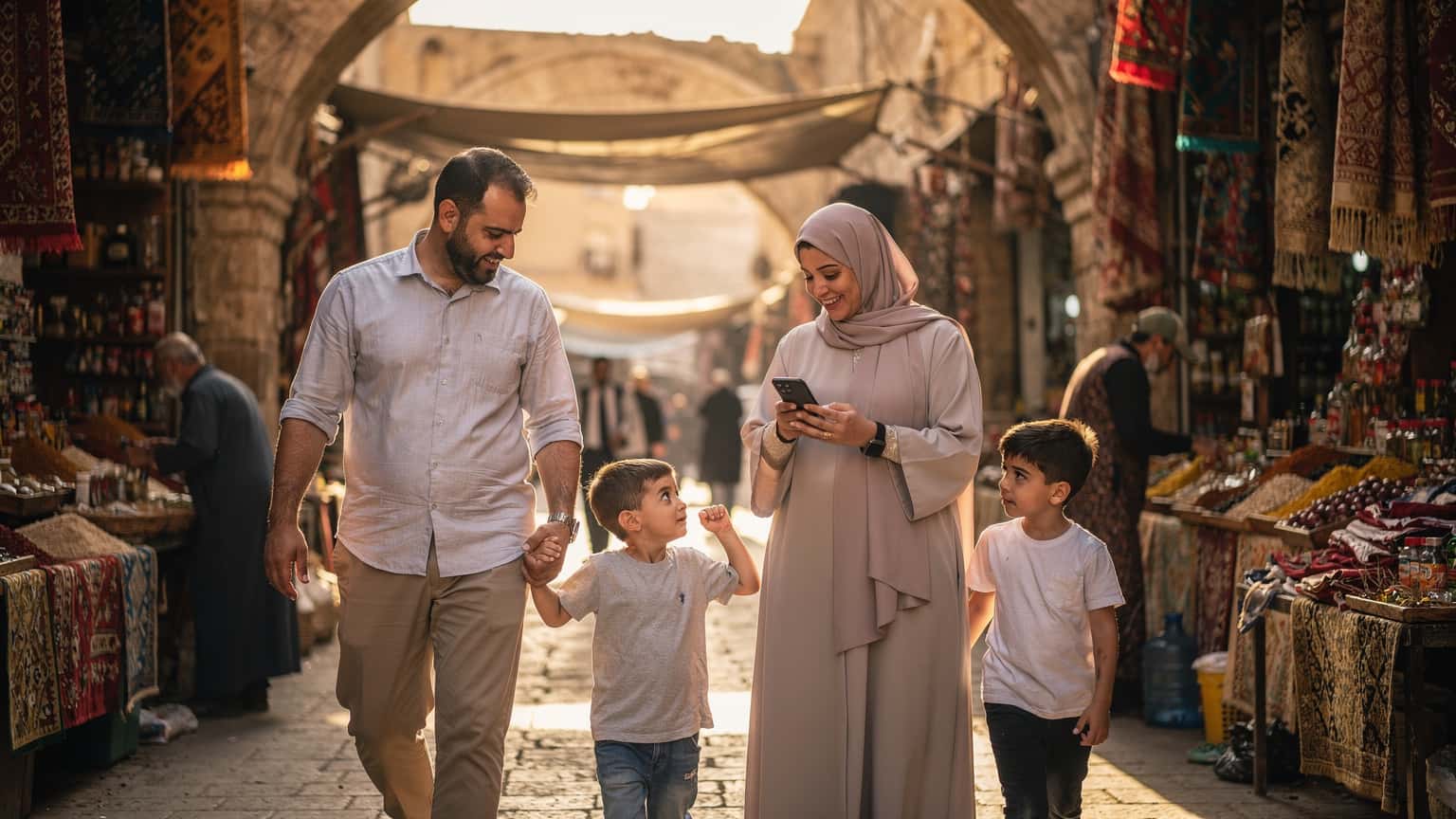 عائلة عربية تتجول في سوق بغداد التاريخي، الأب يحمل طفلاً بينما الأم تتصفح هاتفها الذكي وتبتسم.