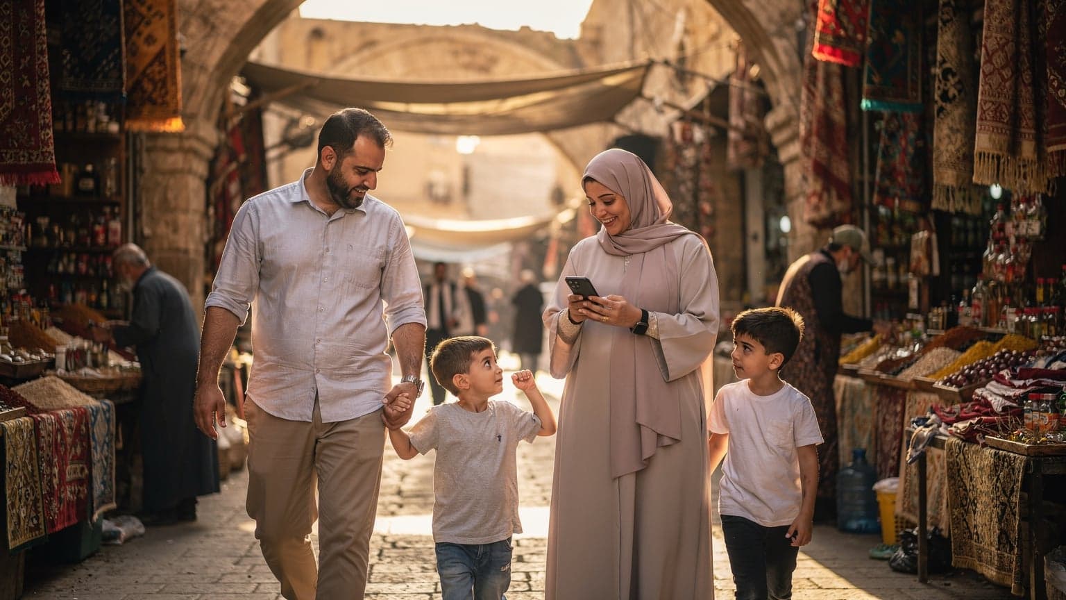عائلة عربية تتجول في سوق بغداد التاريخي، الأب يحمل طفلاً بينما الأم تتصفح هاتفها الذكي وتبتسم.