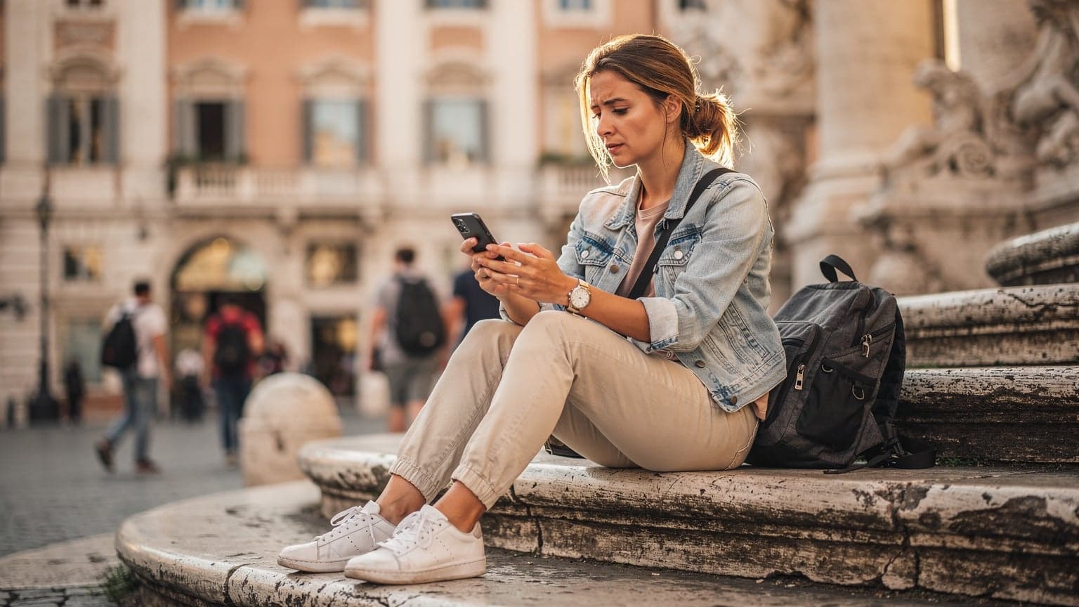 O tânără călătoare verifică harta pe telefonul ei compatibil eSIM, stând pe treptele unei clădiri istorice din centrul Romei, în timp ce alți turiști trec prin spate.