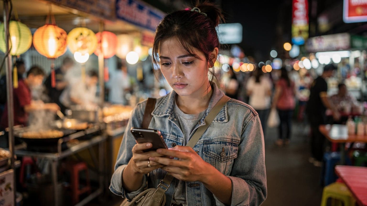 A traveler in a bustling Bangkok street market checks her phone, illuminated by the warm glow of street food stalls and neon signs at dusk.