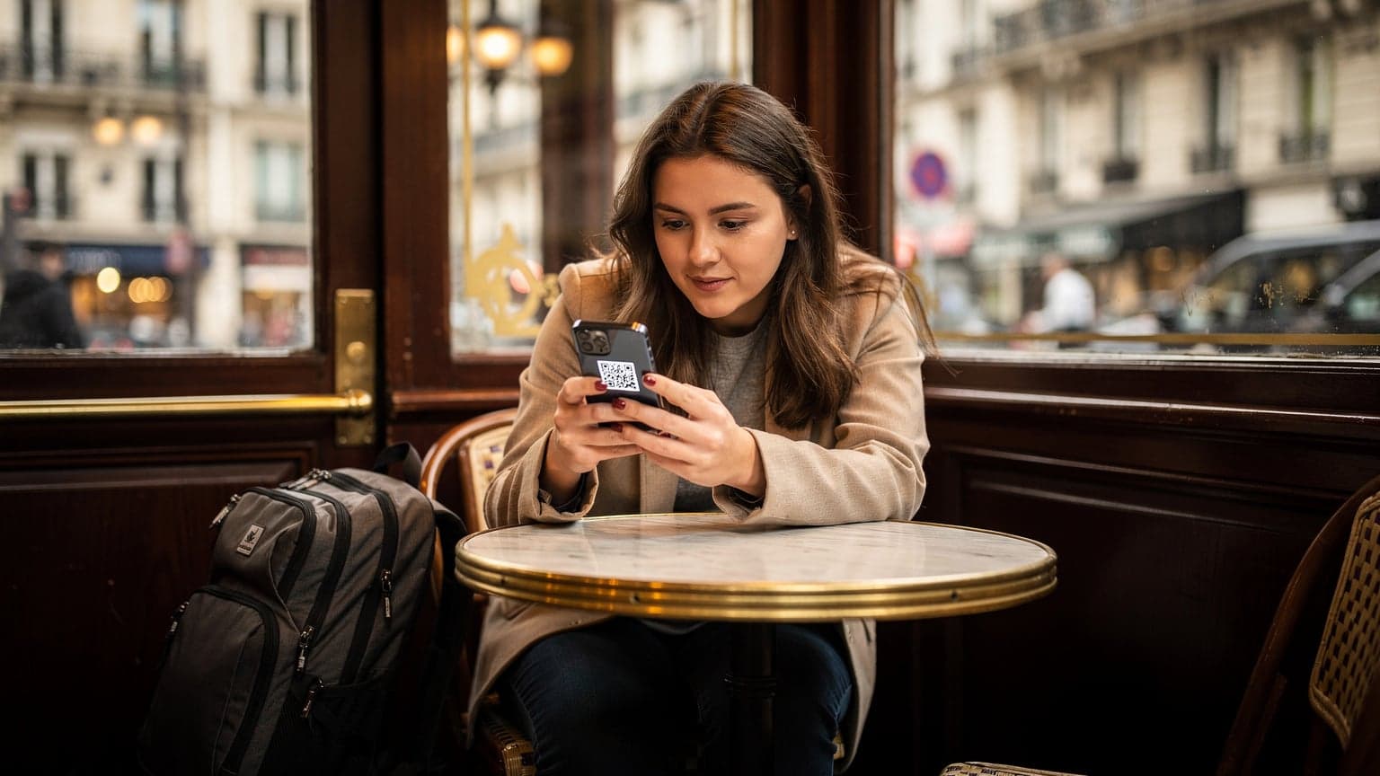A woman sitting in a Parisian cafe, looking at her phone with a Cellesim eSIM QR code on the screen, ready to travel to Indonesia.