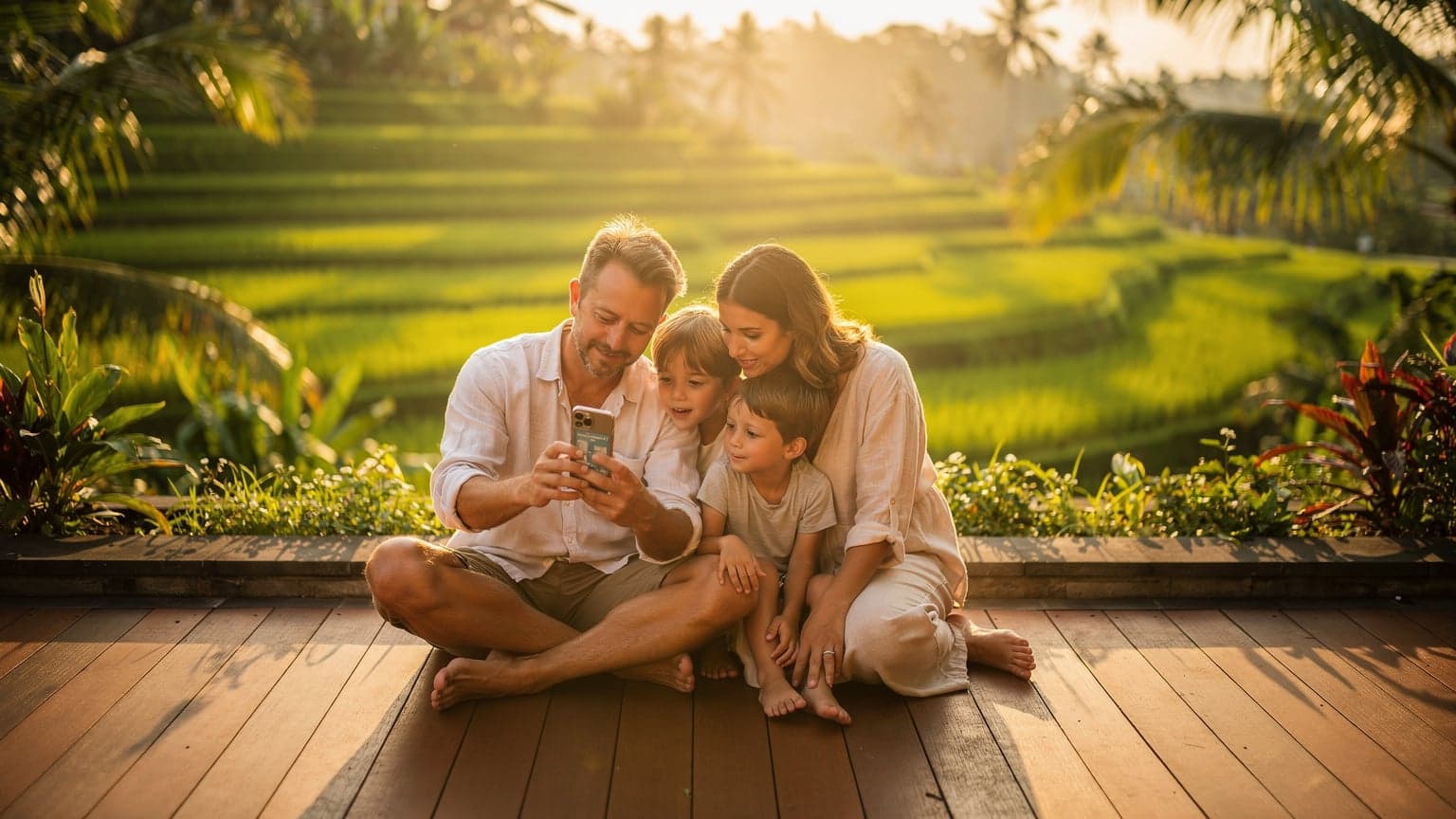 A family of four, parents and two children, looking at a smartphone together on a sunlit terrace overlooking a lush Indonesian rice paddy field.
