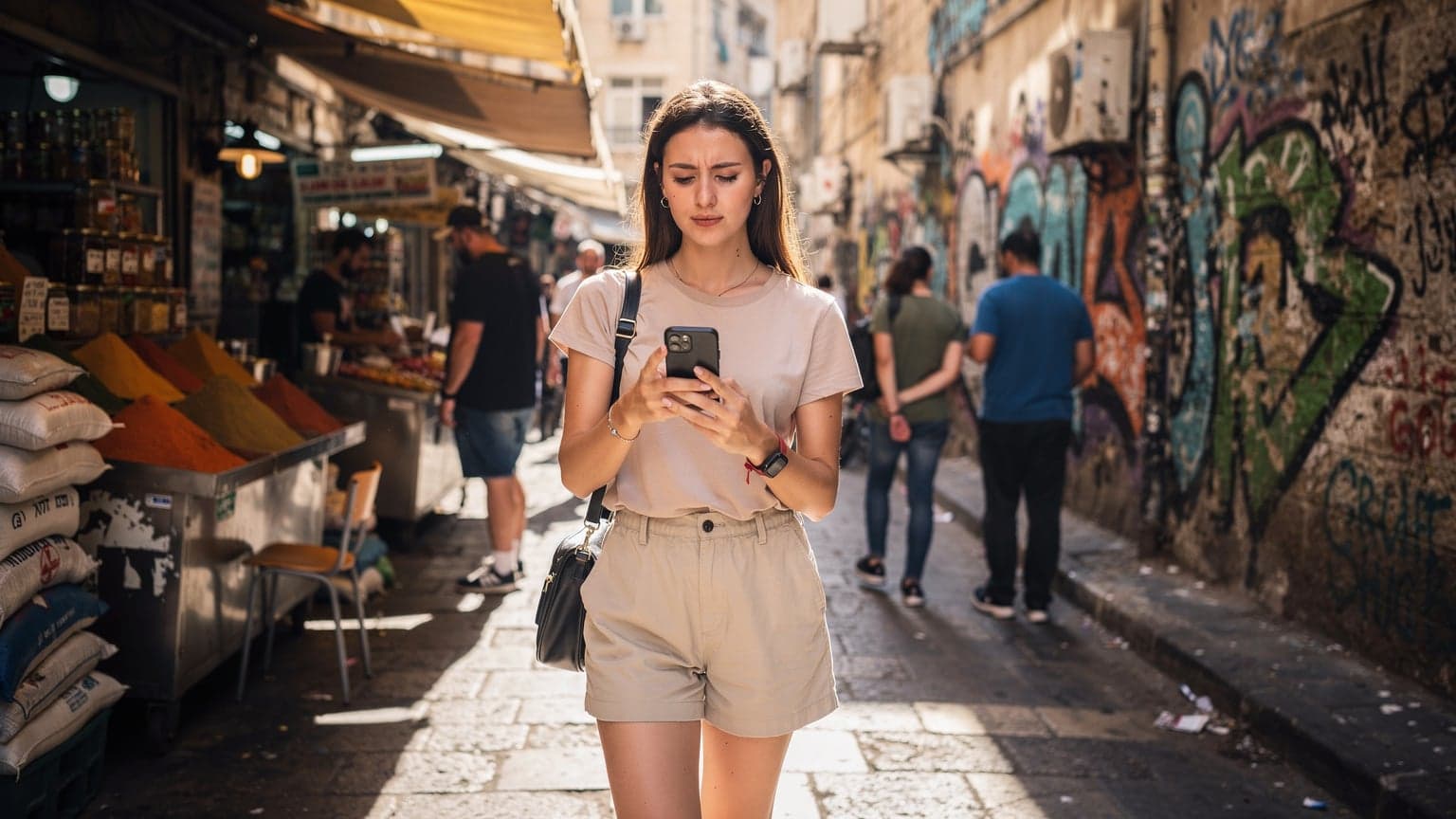 אישה צעירה משתמשת בטלפון סמסונג גלקסי עם מסך בהיר, מנווטת דרך רחובות צרים באזור שוק לוינסקי בתל אביב, עם דוכני אוכל רחוב וקירות גרפיטי ברקע.