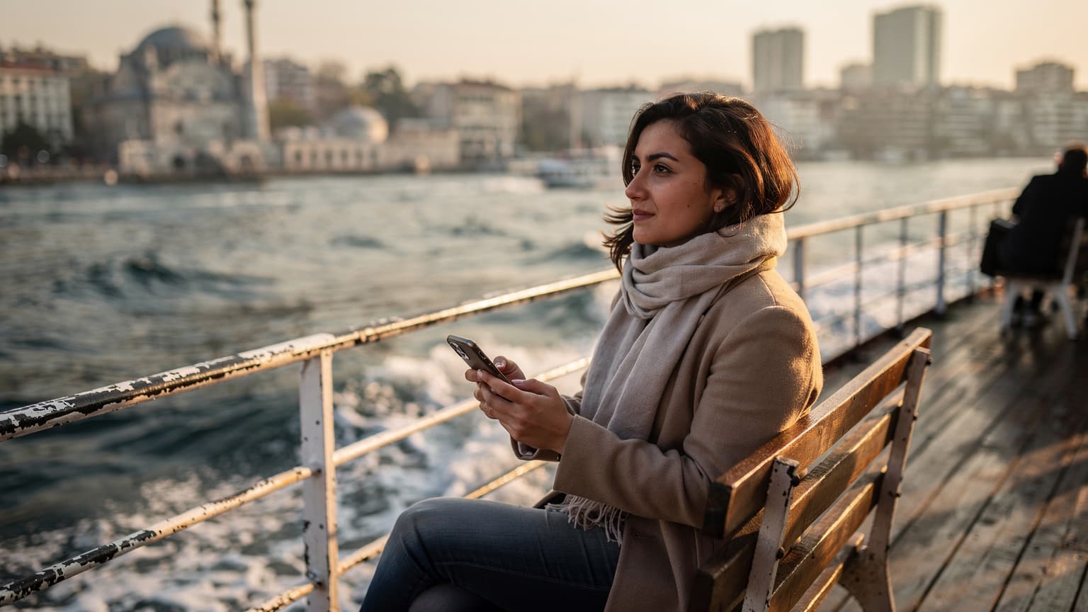 İstanbul Boğazı'nda bir vapurda oturan, elinde akıllı telefonuyla ufka bakan genç bir kadın.