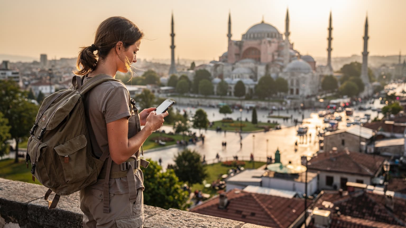 O tânără călătoare verifică harta pe telefonul ei, cu Moscheea Albastră din Istanbul pe fundal, la apus.