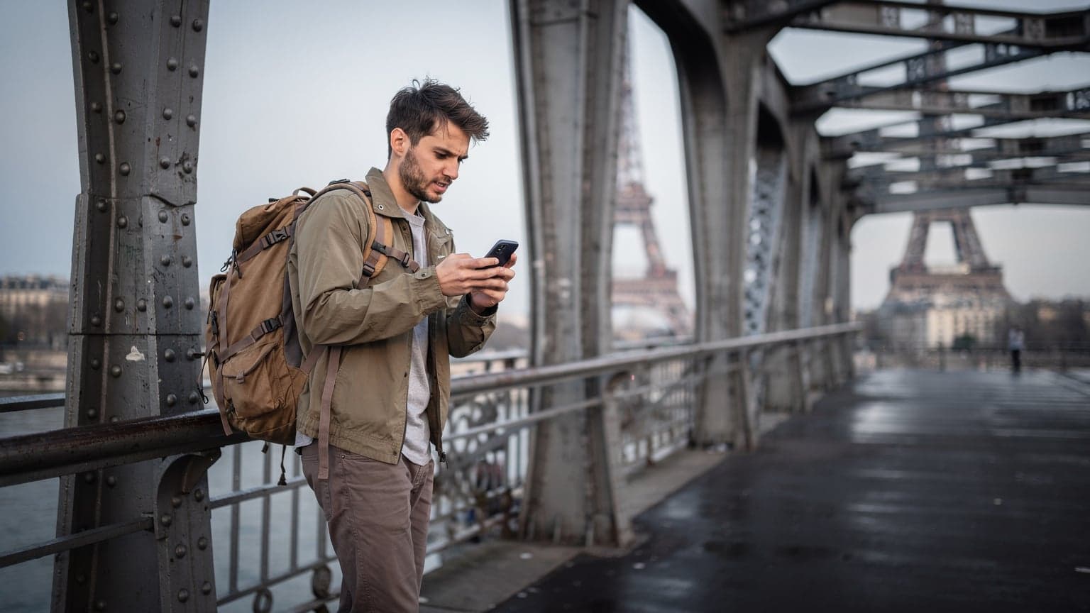 Un voyageur en sac à dos consulte son téléphone portable pour vérifier sa connexion eSIM près de la Tour Eiffel à Paris, sous un ciel légèrement nuageux.