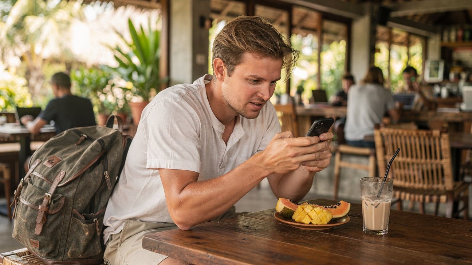 En digital nomade sitter på et travelt co-working space i Canggu, Bali, med en smarttelefon i hånden og en åpen laptop, og ser ut til å sammenligne eSIM-alternativer.