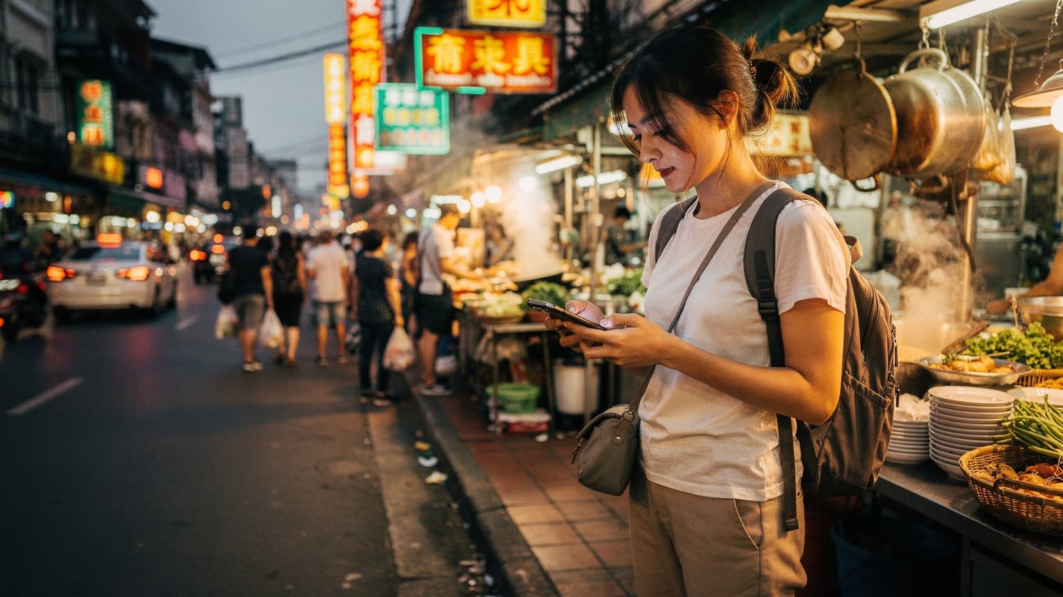 Một phụ nữ trẻ đang nhìn điện thoại của mình bên cạnh một quầy hàng bán đồ ăn đường phố nhộn nhịp ở khu Chinatown, Bangkok, vào buổi tối.