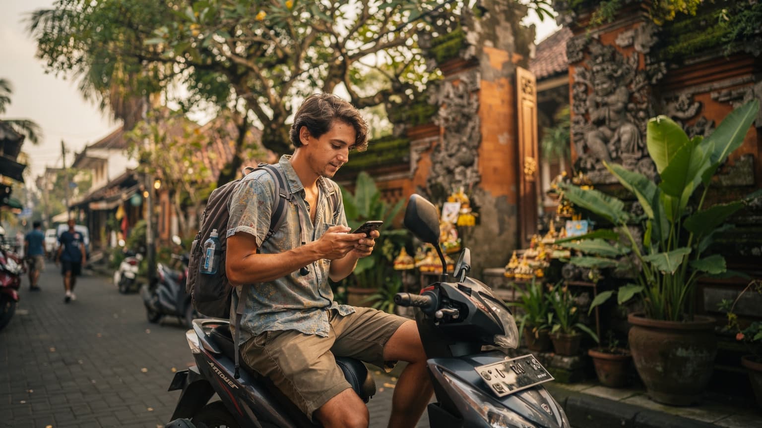 A backpacker sits on a scooter in a bustling Ubud street, checking their phone for directions, with traditional Balinese architecture in the background under soft morning light.