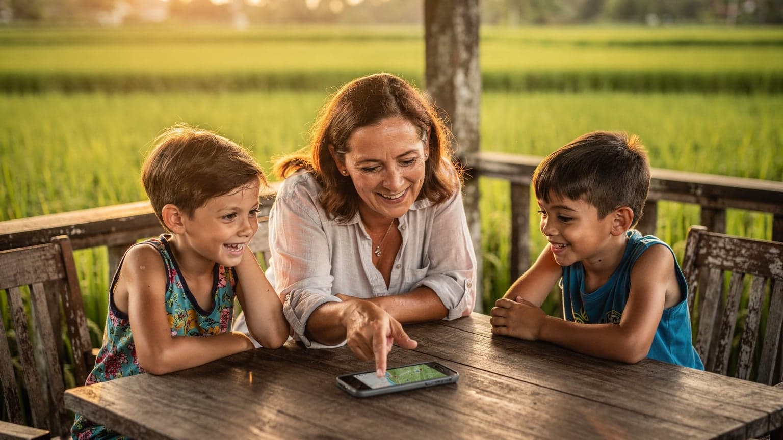 A mother and her two children smiling, looking at a phone screen with a map of Bali on it, sitting at a cafe overlooking a rice paddy field at sunset.