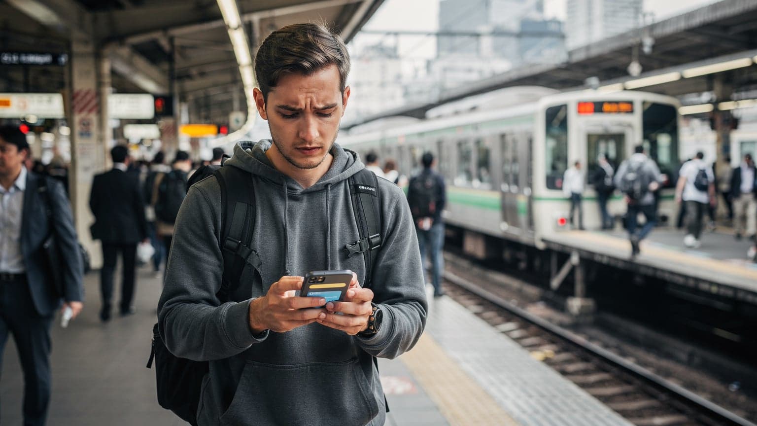 A traveler in a bustling Tokyo train station, looking at their smartphone screen with a speed test app open, while commuter trains pass by in the background.