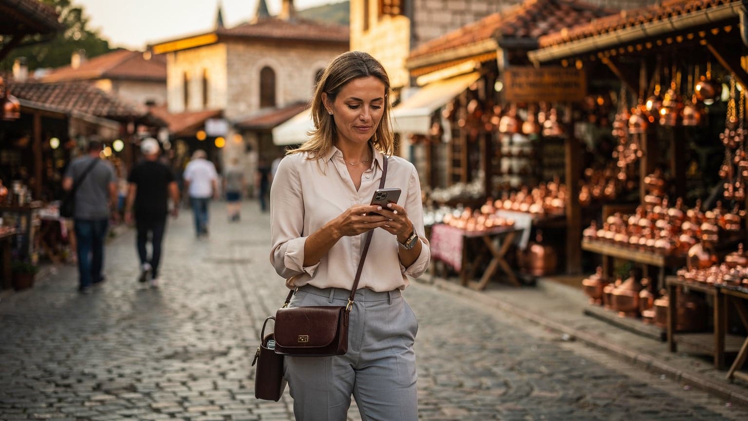 Eine reisende Person betrachtet ihr Smartphone auf einer belebten Straße in Sarajevo, mit traditioneller Architektur im Hintergrund, bei Sonnenuntergang.