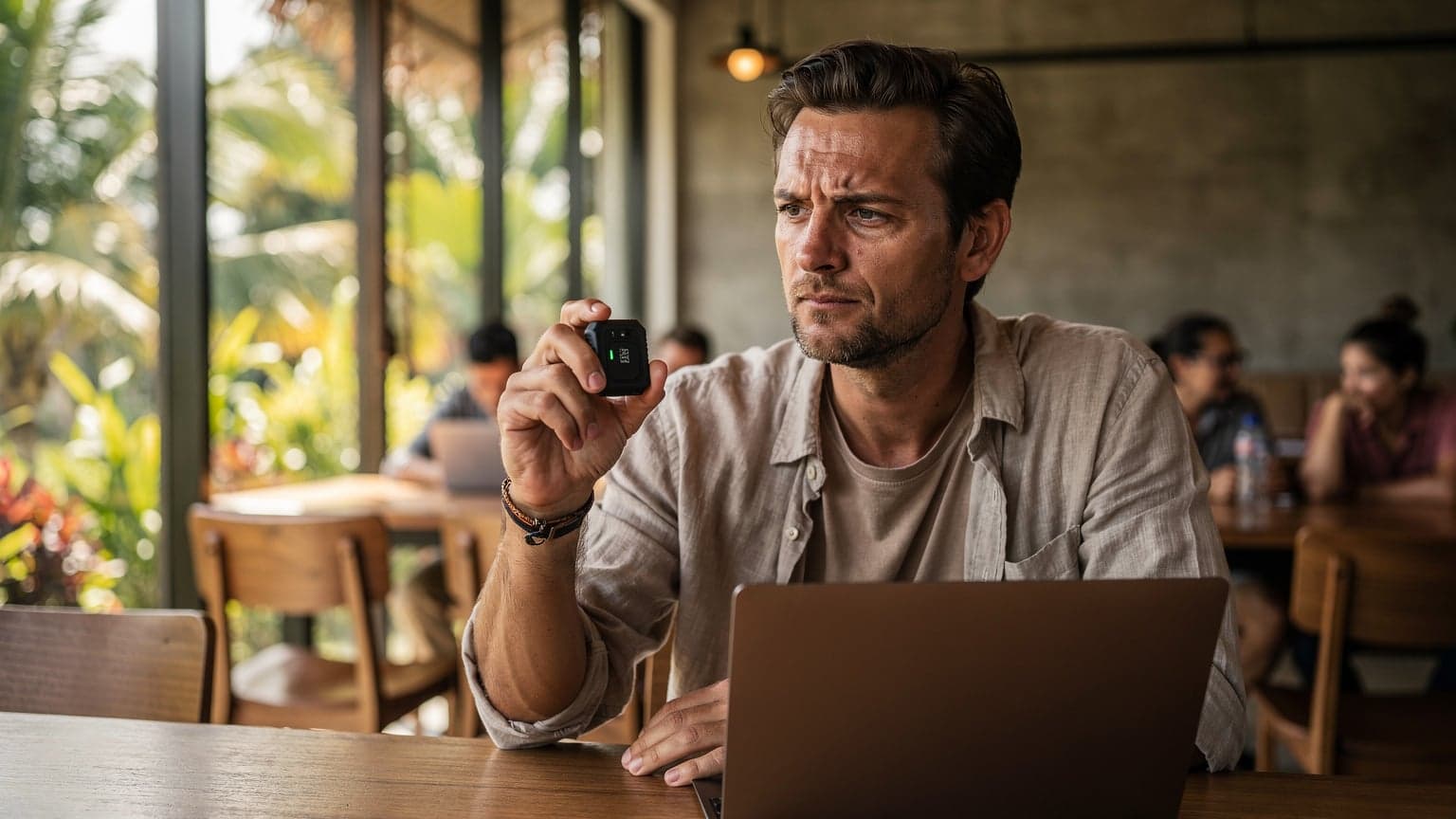 A digital nomad in a co-working space in Bali, Indonesia, looking at a small eSIM GPS tracker device on their desk next to a laptop and a coffee.