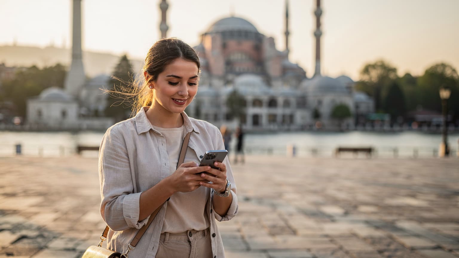 İstanbul'un Sultanahmet Meydanı'nda, mavi sahil hattı ve tarihi camiler eşliğinde, genç bir kadın telefonunda eSIM kurulumunu kontrol ediyor.