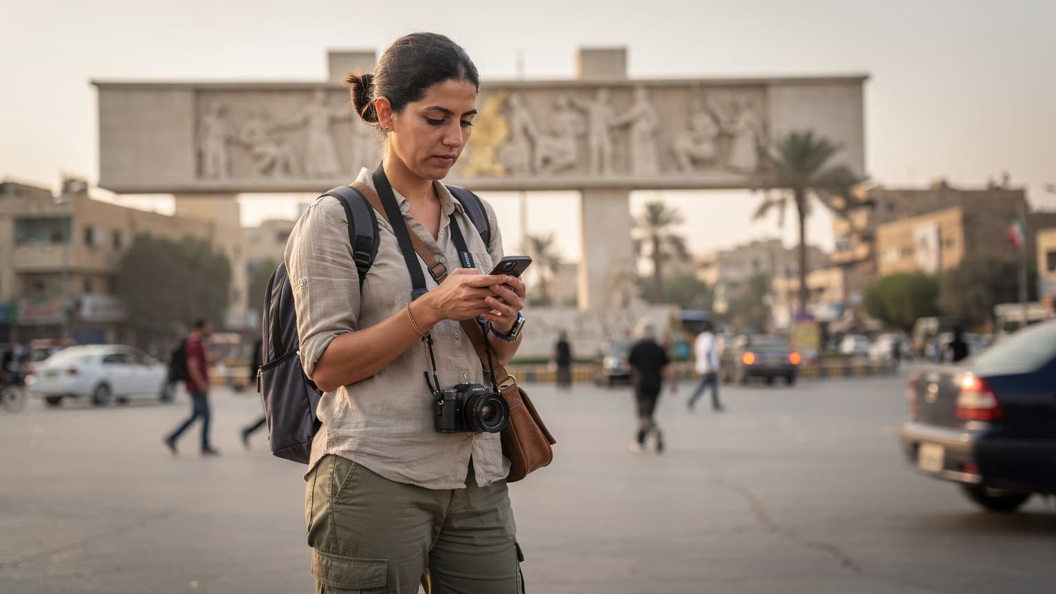 امرأة تتفحص هاتفها الذكي في ساحة التحرير ببغداد، مع خلفية لمعالم المدينة.