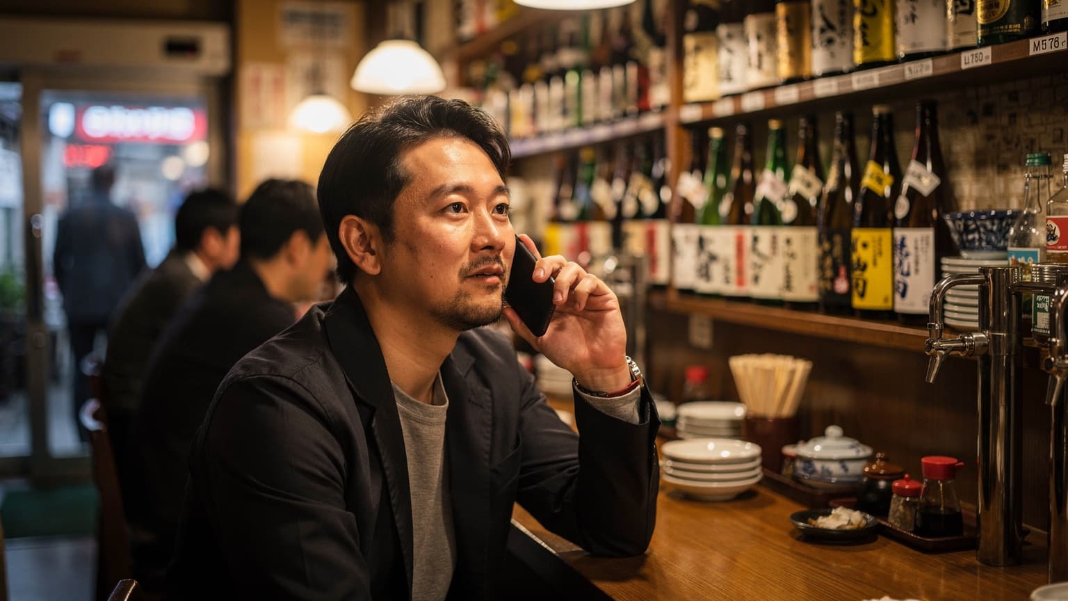 東京都新宿区歌舞伎町にある居酒屋のカウンターで、30代の男性がスマートフォンを手にLINE通話をしている様子を捉えた写真。
