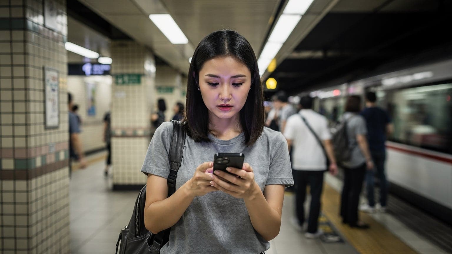 一位旅客在香港繁忙的尖沙咀地铁站内,手持手机屏幕上显示着eSIM激活界面,背景是熙熙攘攘的人群和地铁站指示牌。