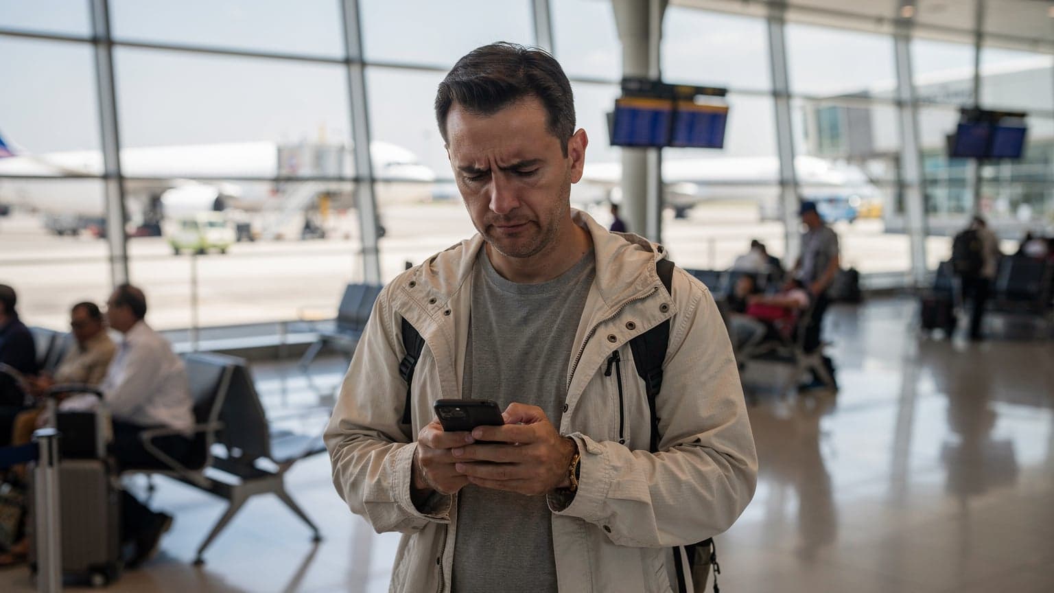A traveler in a bustling Bangkok airport terminal looking at their phone screen with a thoughtful expression, with other passengers and flight information boards blurred in the background.
