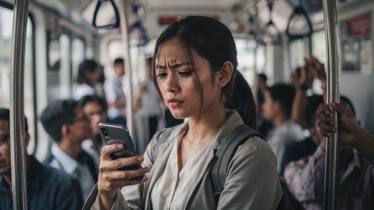 Seorang wanita muda Indonesia sedang memegang iPhone di tangan kanannya, melihat layar dengan ekspresi fokus, duduk di kursi penumpang KRL Commuter Line yang ramai di Jakarta pada pagi hari.
