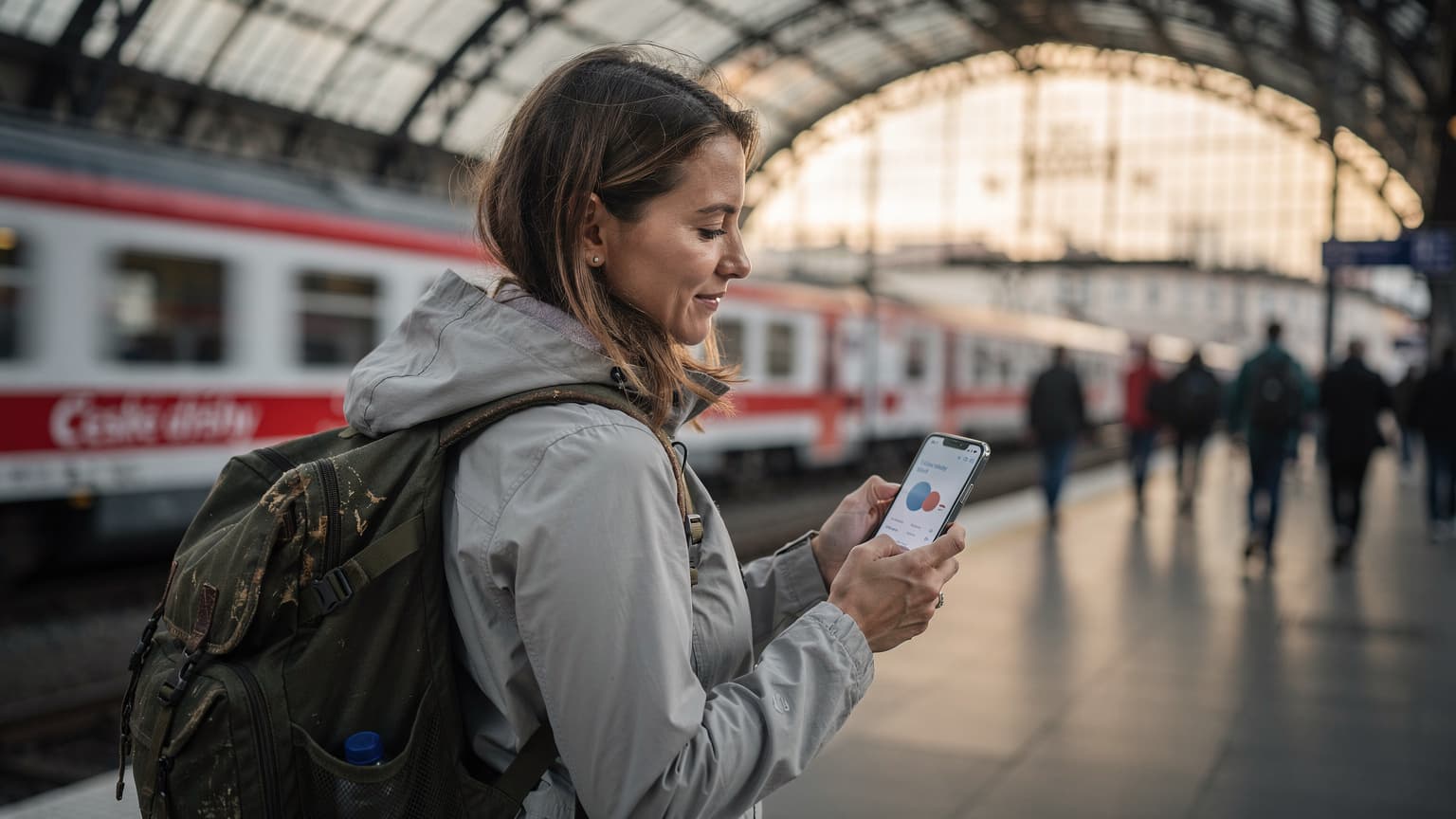 Cestovatelka stojí na pražském hlavním nádraží s batohem a kontroluje svůj telefon s aktivní eSIM, vedle ní projíždí vlak Českých drah.