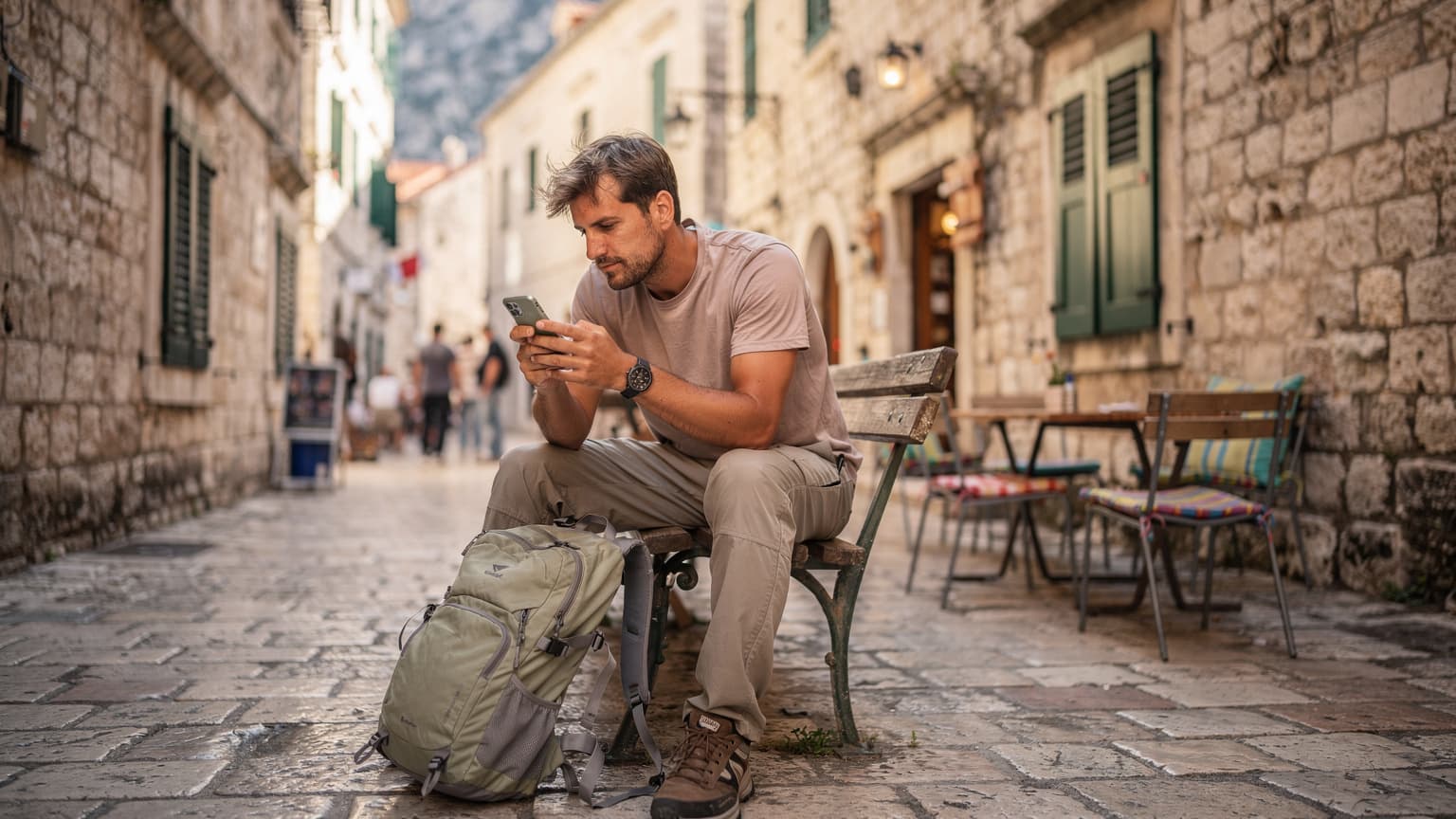 Ein Reisender sitzt auf einer Holzbank in der Altstadt von Kotor, Montenegro, und schaut auf sein Smartphone, während er eine eSIM aktiviert.